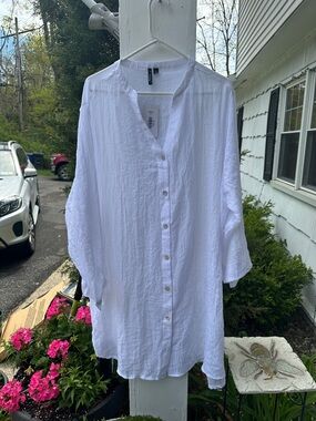 Women's White Longline Linen Button-Up Bathing Suit Cover